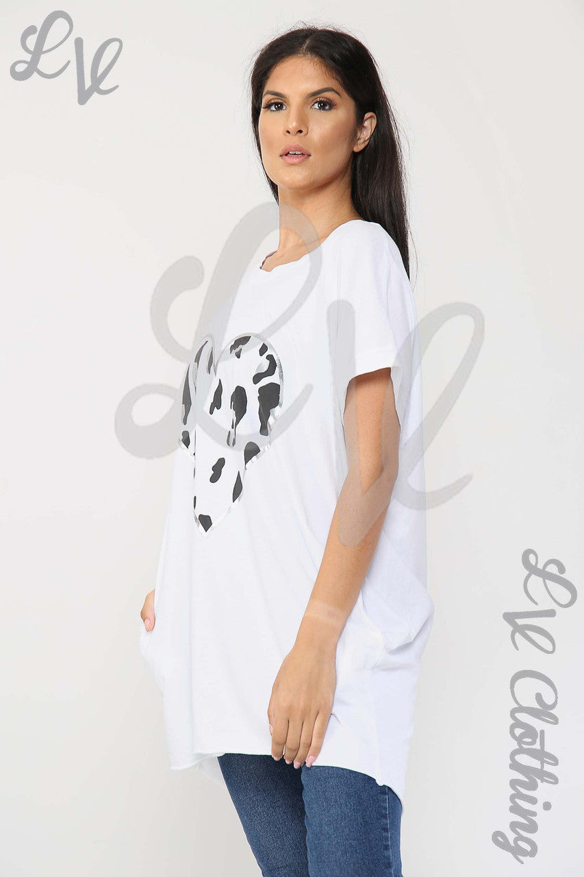 Ladies Foil Heart Graphic Tunic Top White - Unit Price £10.99