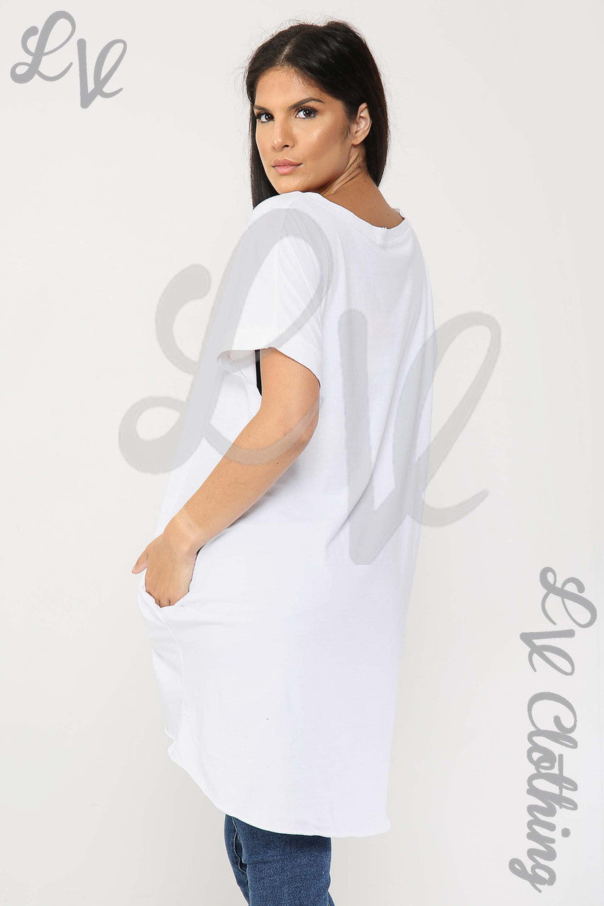 Ladies Foil Heart Graphic Tunic Top White - Unit Price £10.99