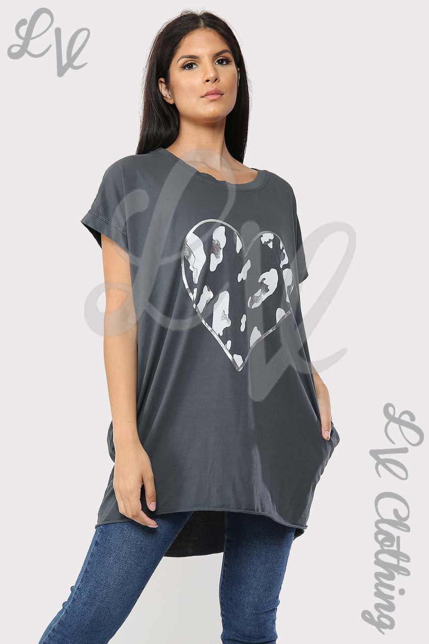 Ladies Foil Heart Graphic Tunic Top Charcoal - Unit Price £8.99