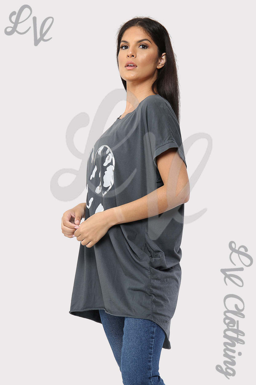 Ladies Foil Heart Graphic Tunic Top Charcoal - Unit Price £8.99