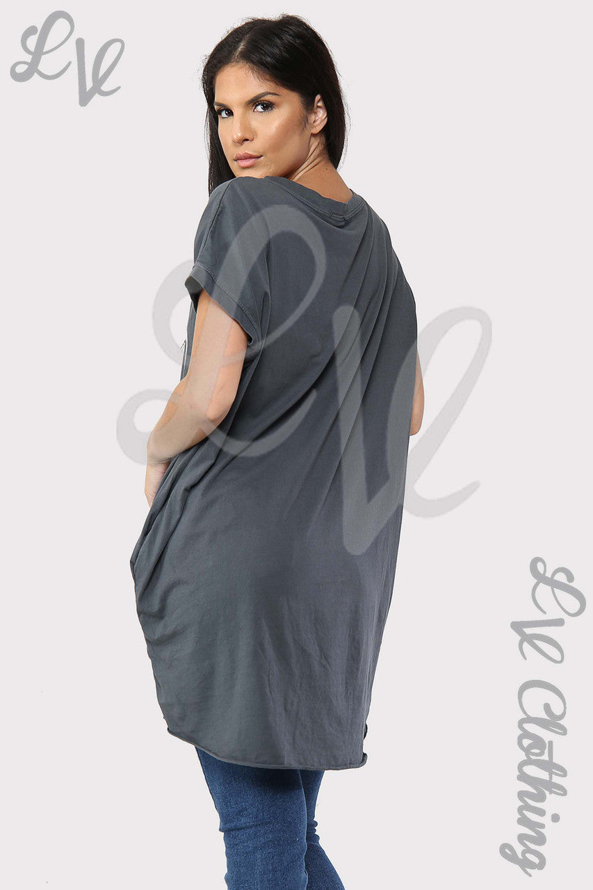 Ladies Foil Heart Graphic Tunic Top Charcoal - Unit Price £8.99