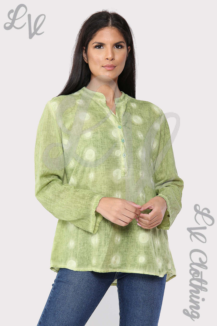 Ladies Circle Embroidery Grandad Style Blouse Shirt Lime - Unit Price £12.99