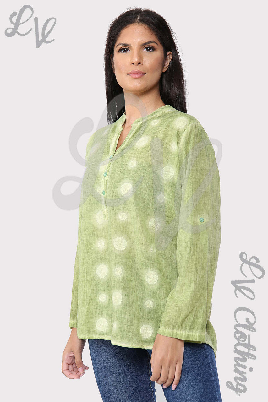 Ladies Circle Embroidery Grandad Style Blouse Shirt Lime - Unit Price £12.99