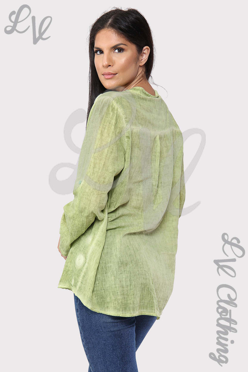 Ladies Circle Embroidery Grandad Style Blouse Shirt Lime - Unit Price £12.99