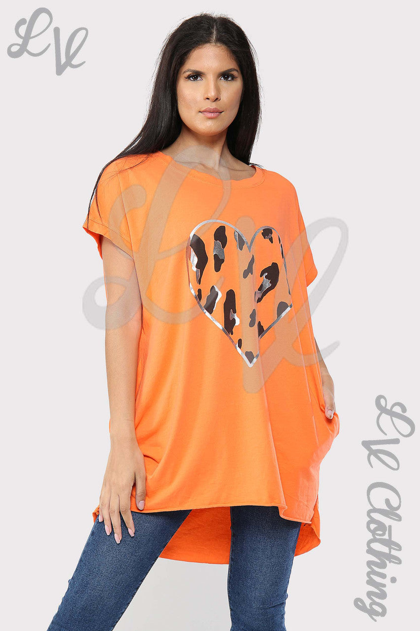 Ladies Foil Heart Graphic Tunic Top Orange - Unit Price £10.99
