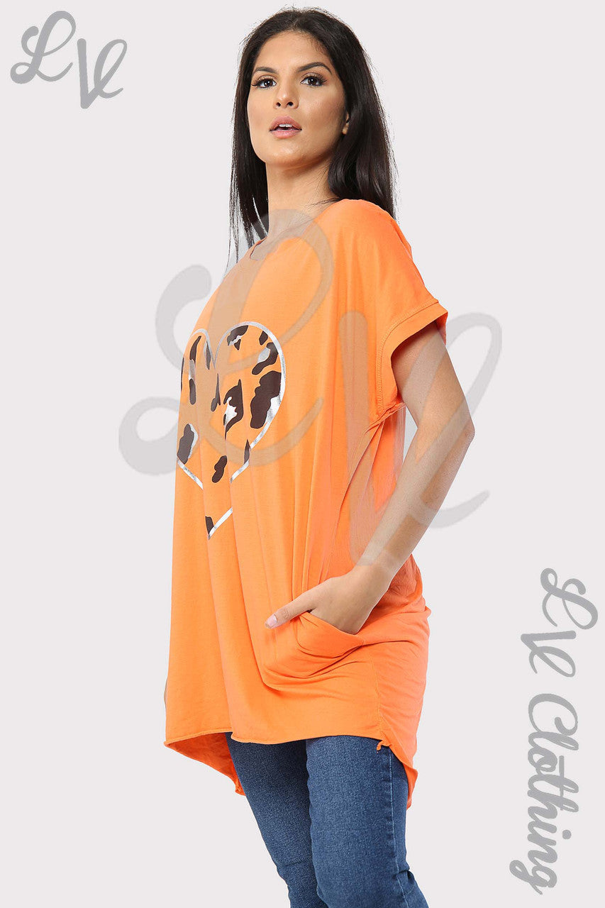 Ladies Foil Heart Graphic Tunic Top Orange - Unit Price £10.99