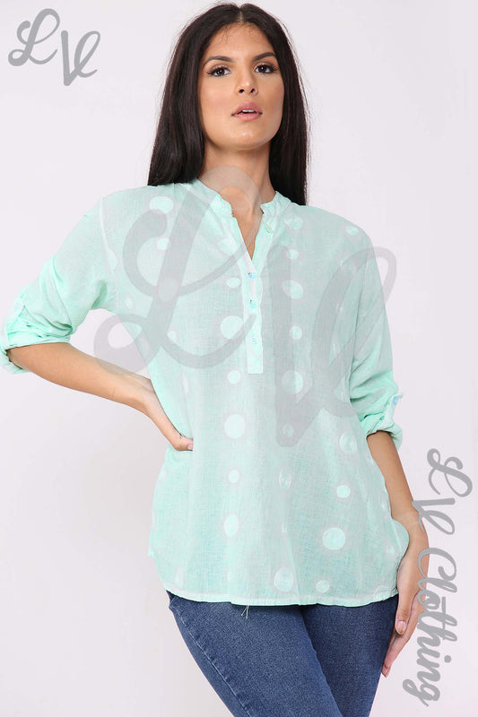 Mint blouse with grandad collar, button placket, and long sleeves