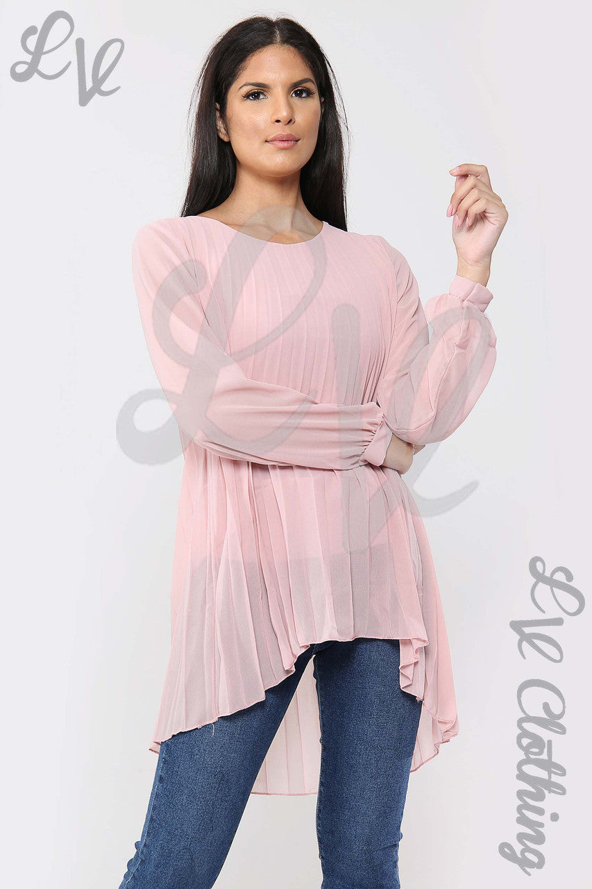 Ladies Oversize Pleated Hi Lo Blouse Top Dusty Pink - Unit Price £10.9