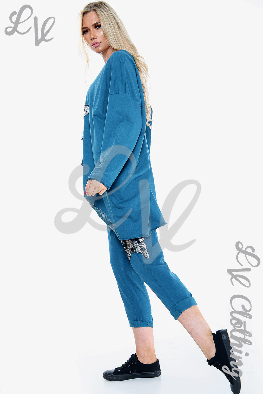 Dames Pailletten Ster 2-delige Co-ord Set Blauw Stukprijs €18,99
