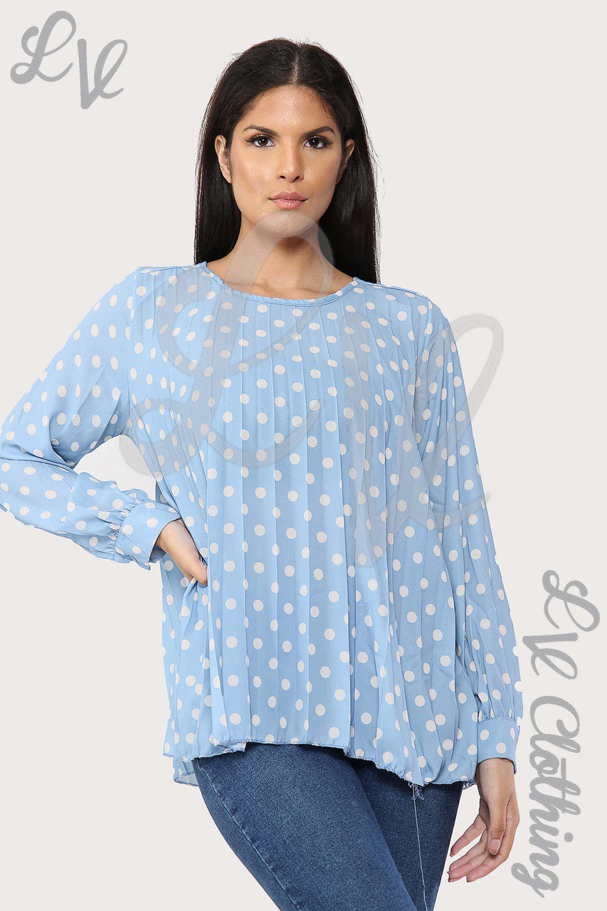 Dames Blouse met Polkadots en Plooitjes in Denim - Prijs per stuk Was €9,99