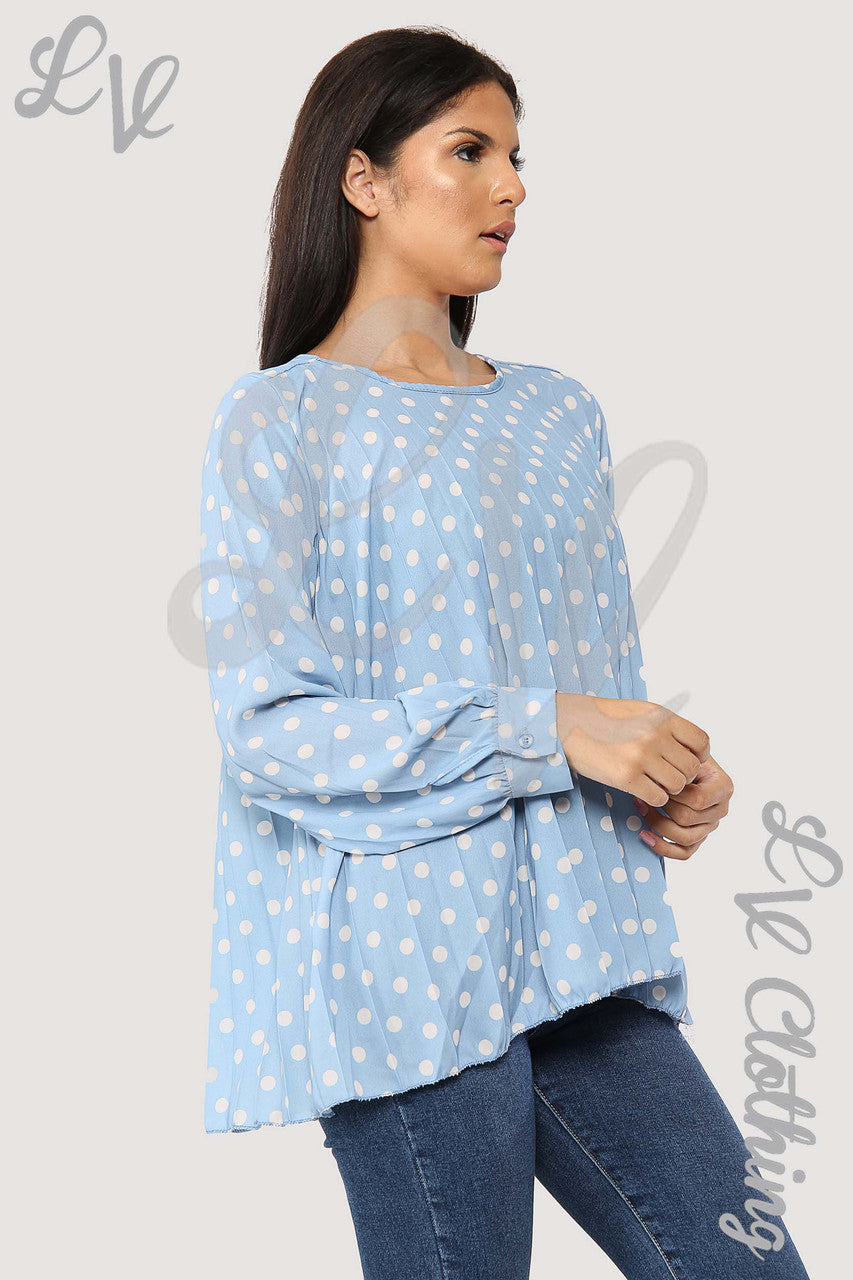 Dames Blouse met Polkadots en Plooitjes in Denim - Prijs per stuk Was €9,99