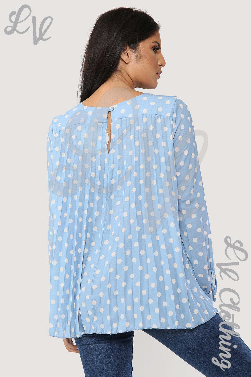 Dames Blouse met Polkadots en Plooitjes in Denim - Prijs per stuk Was €9,99
