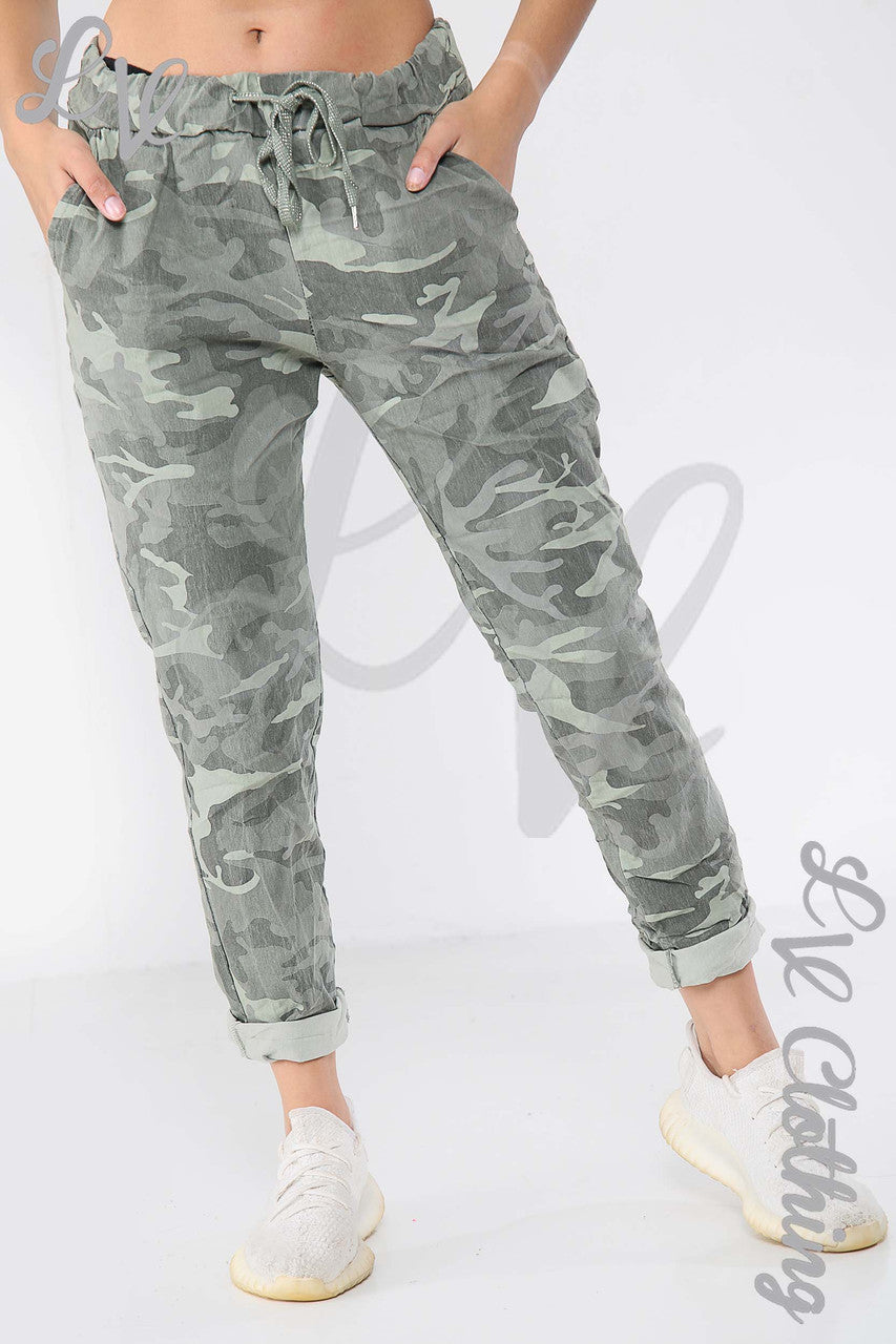 Ladies Camouflage Print Magic Trousers Khaki - Unit Price £9.99