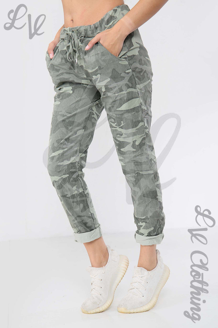 Ladies Camouflage Print Magic Trousers Khaki - Unit Price £9.99