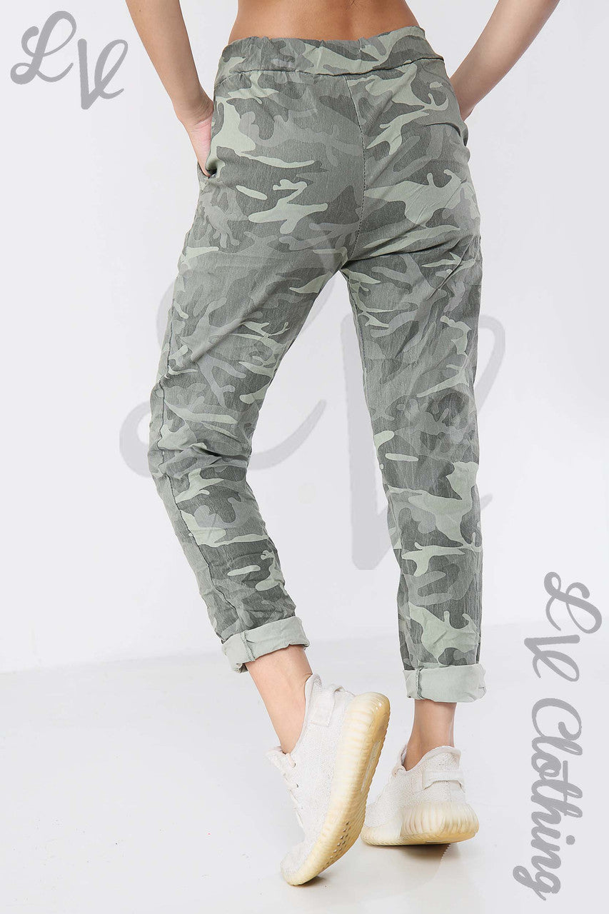 Ladies Camouflage Print Magic Trousers Khaki - Unit Price £9.99