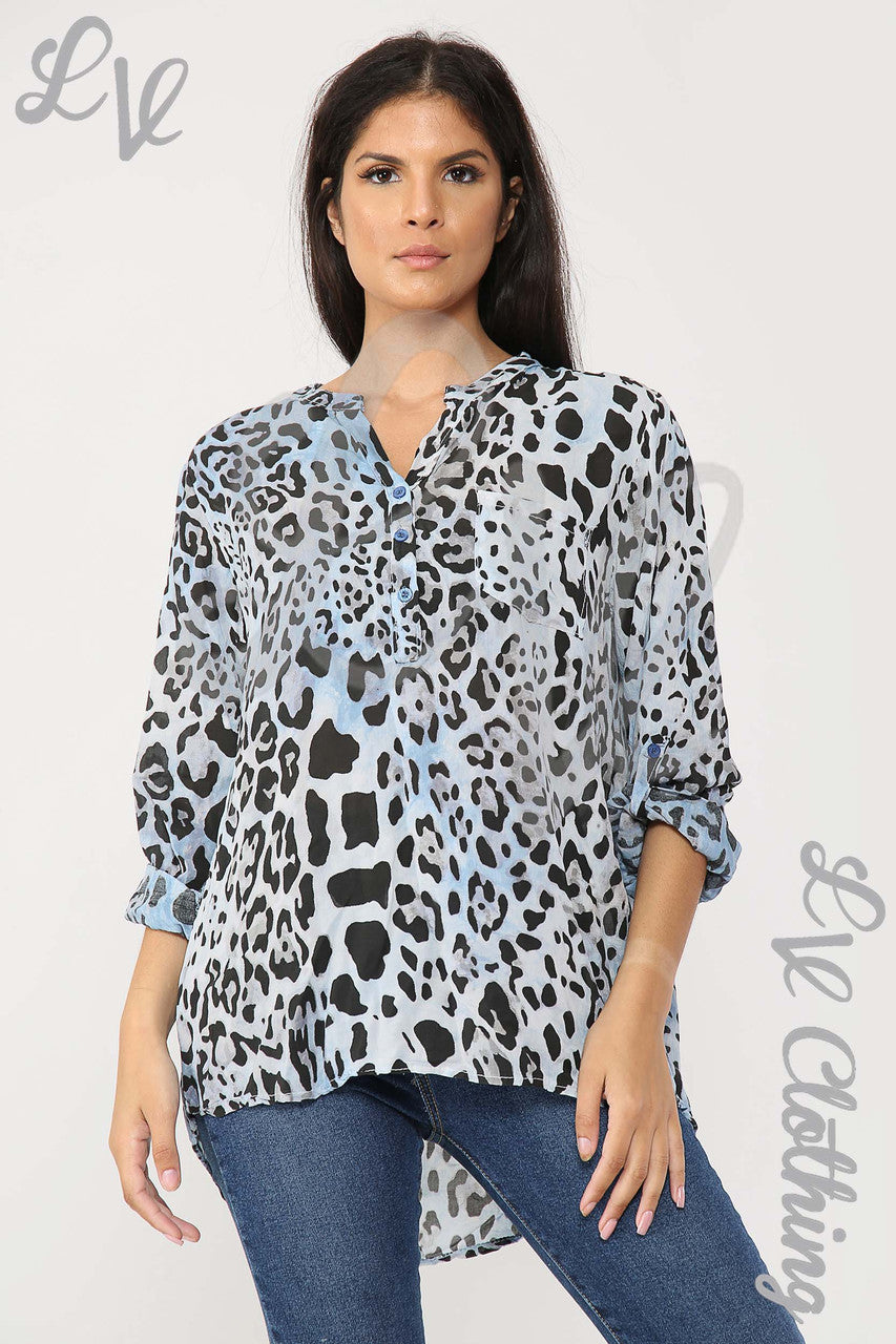 Ladies Leopard Print Grandad Style Blouse Shirt Light Blue - Unit Price £12.99