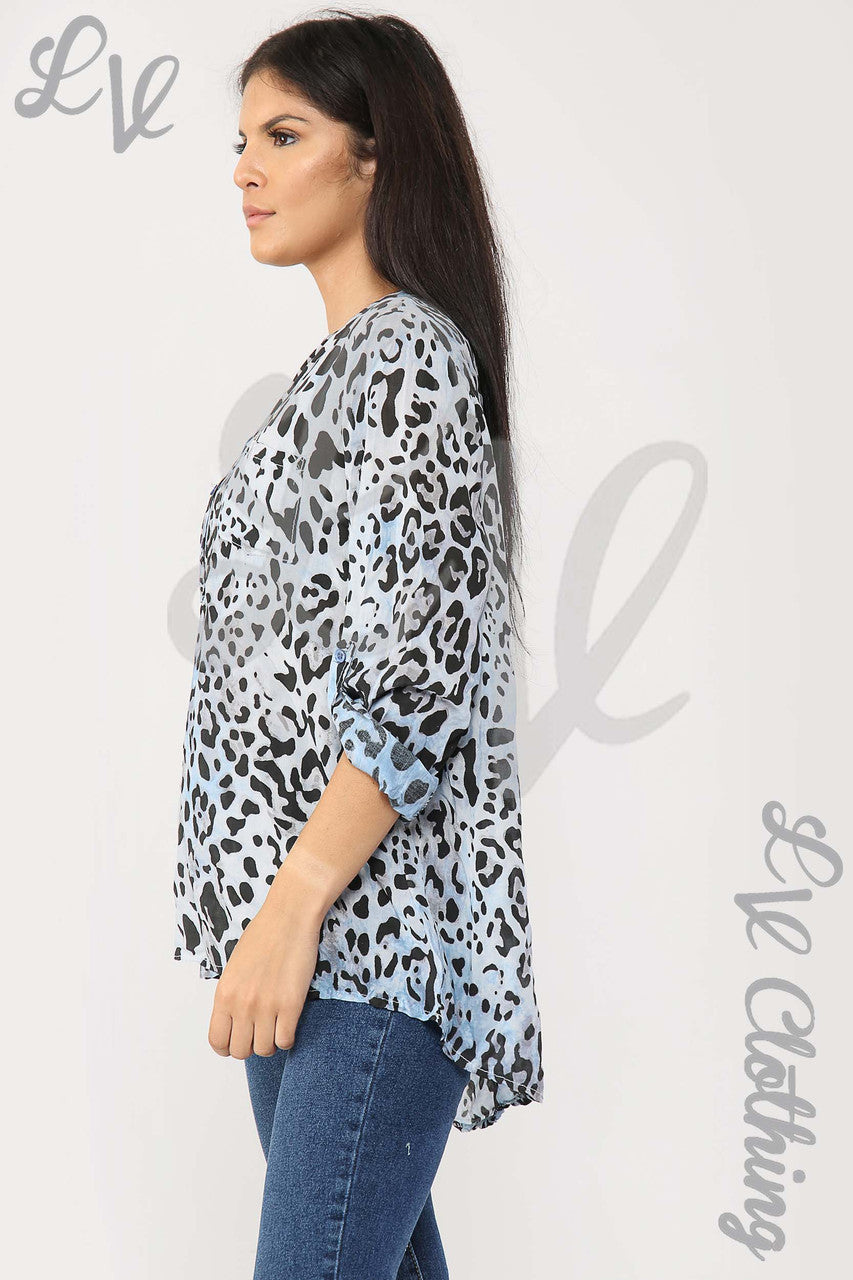 Ladies Leopard Print Grandad Style Blouse Shirt Light Blue - Unit Price £12.99