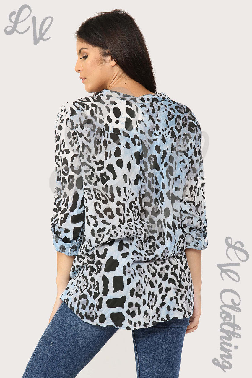 Ladies Leopard Print Grandad Style Blouse Shirt Light Blue - Unit Price £12.99