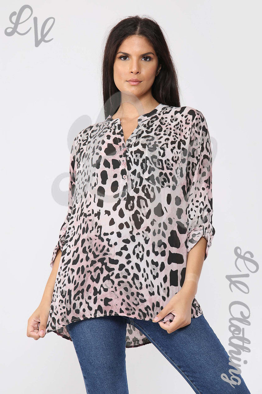 Ladies Leopard Print Grandad Style Blouse Shirt Dusty Pink - Unit Price £12.99