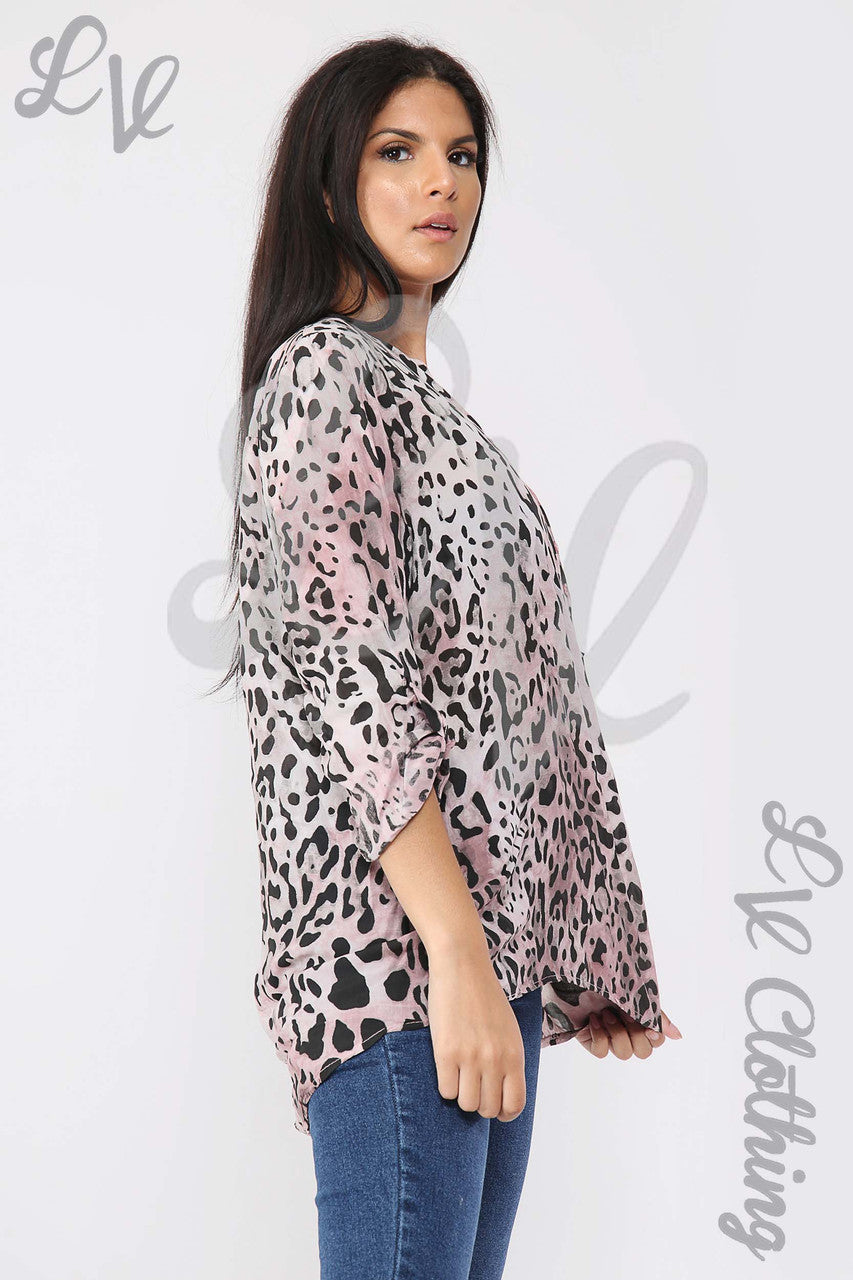 Ladies Leopard Print Grandad Style Blouse Shirt Dusty Pink - Unit Price £12.99