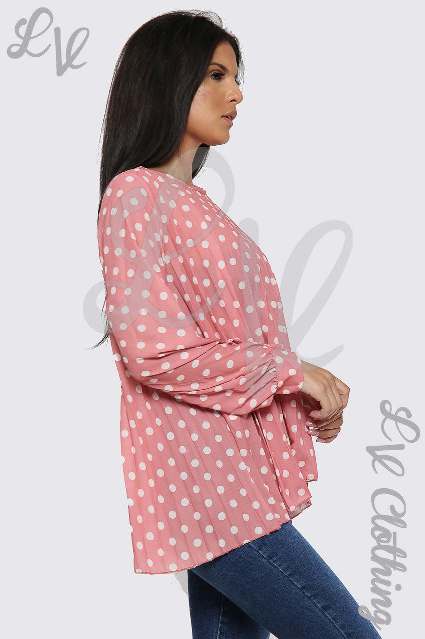 Ladies Polka Dot Print Pleated Blouse Salmon - Unit Price Was £9.99