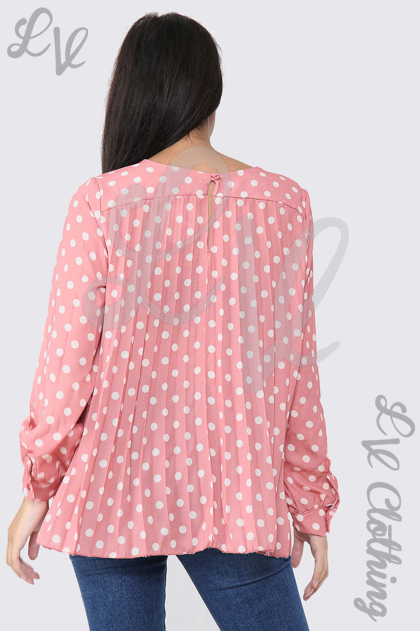 Ladies Polka Dot Print Pleated Blouse Salmon - Unit Price Was £9.99