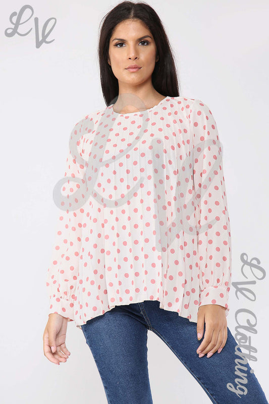 Pleated polka dot blouse, salmon-beige with pink dots, round neckline, long sleeves