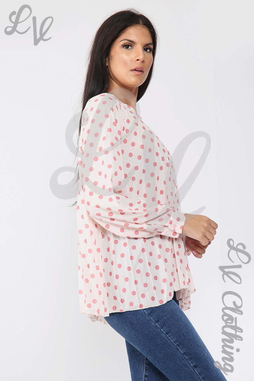 Ladies Polka Dot Print Pleated Blouse Salmon/Beige - Unit Price Was £9.99