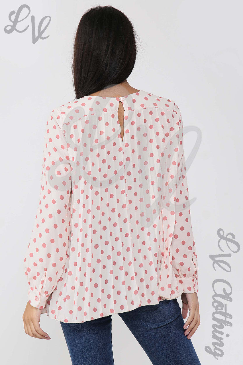 Ladies Polka Dot Print Pleated Blouse Salmon/Beige - Unit Price Was £9.99