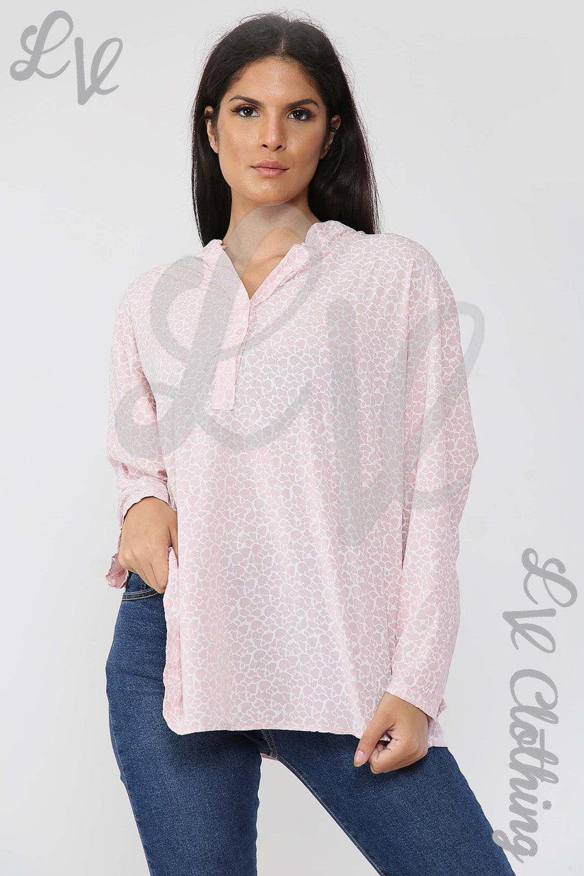 Ladies Giraffe Print Grandad Style Blouse Shirt Dusty Pink - Unit Price £12.99