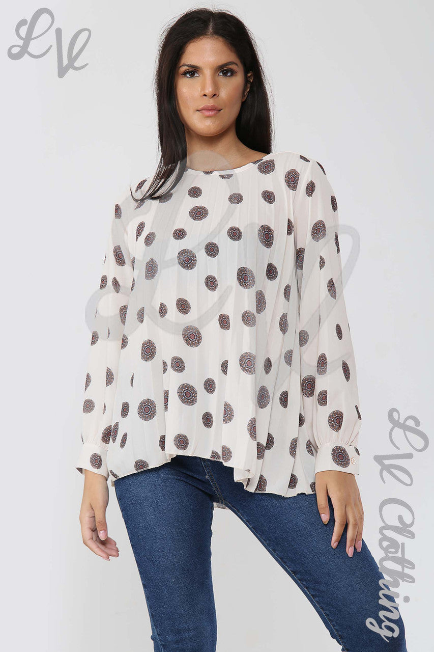 Ladies Circle Tribal Print Pleated Blouse Cream - Unit Price £10.99
