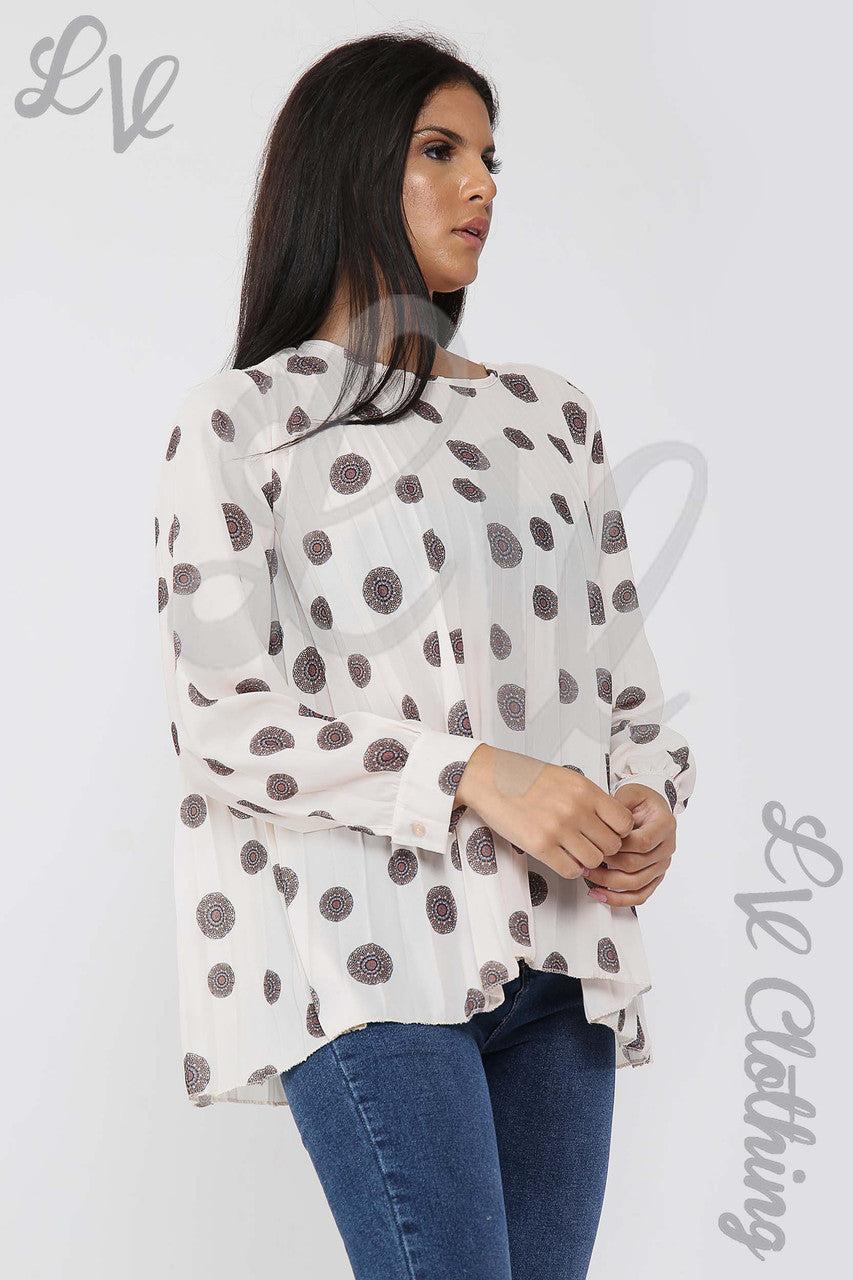 Ladies Circle Tribal Print Pleated Blouse Cream - Unit Price £10.99