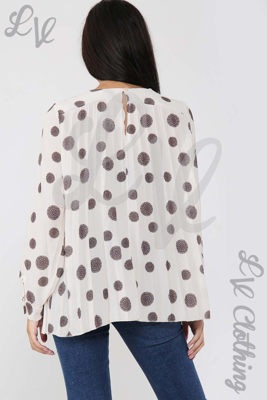 Ladies Circle Tribal Print Pleated Blouse Cream - Unit Price £10.99