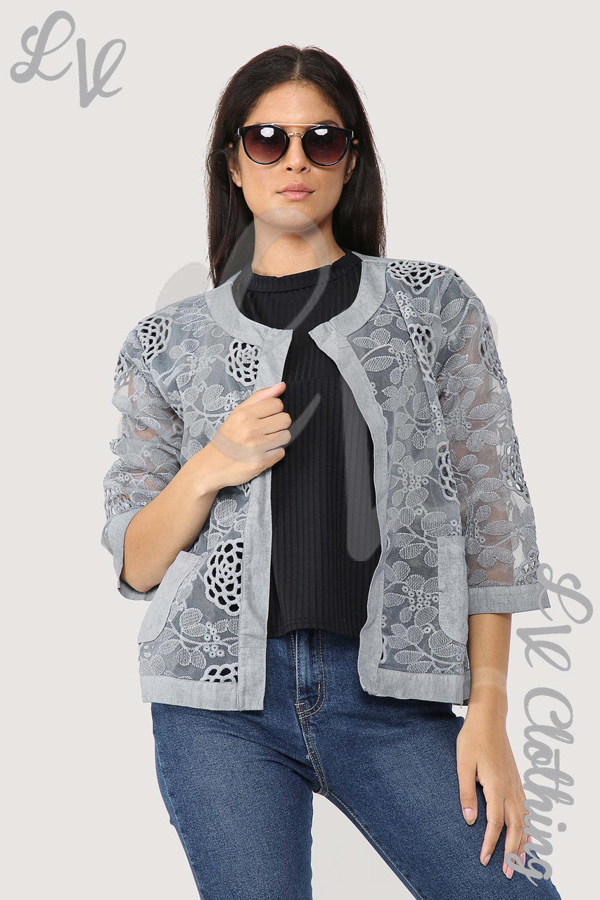 Ladies Lace Floral Cut Out Design Short Cardigan Grey - Unit Price £13.99