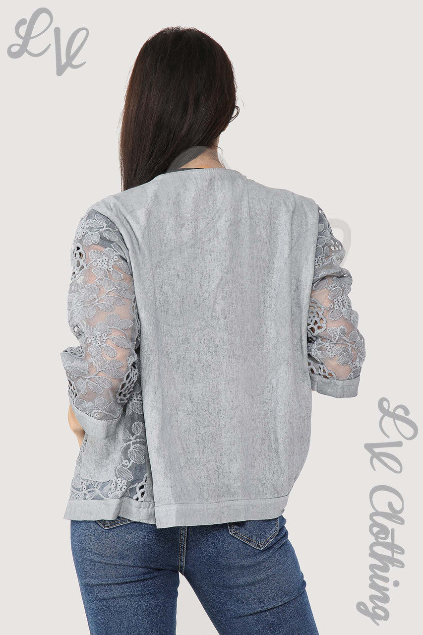 Ladies Lace Floral Cut Out Design Short Cardigan Grey - Unit Price £13.99