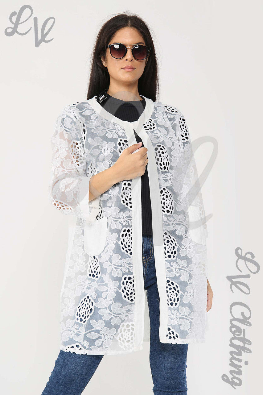 Ladies Lace Floral Cut Out Design Cardigan White - Unit Price £15.99