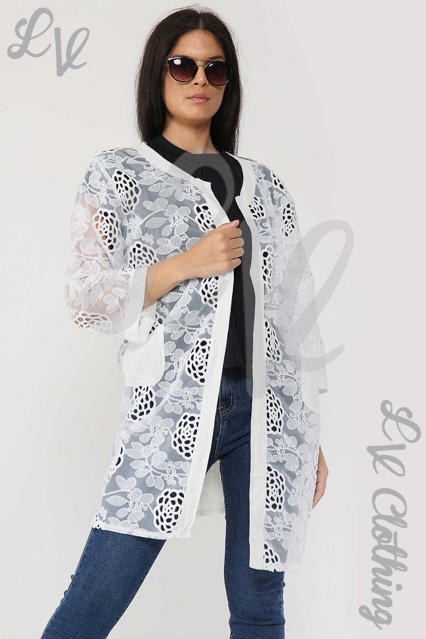 Ladies Lace Floral Cut Out Design Cardigan White - Unit Price £15.99