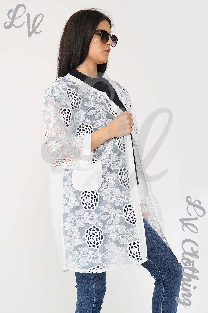 Ladies Lace Floral Cut Out Design Cardigan White - Unit Price £15.99