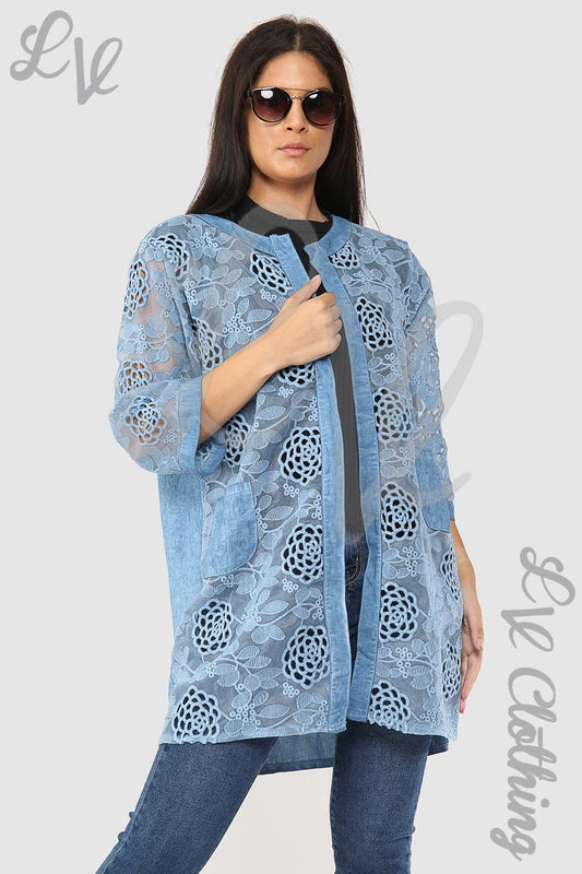 Light blue denim lace cardigan with floral cutout front, open design, 3/4 sleeves
