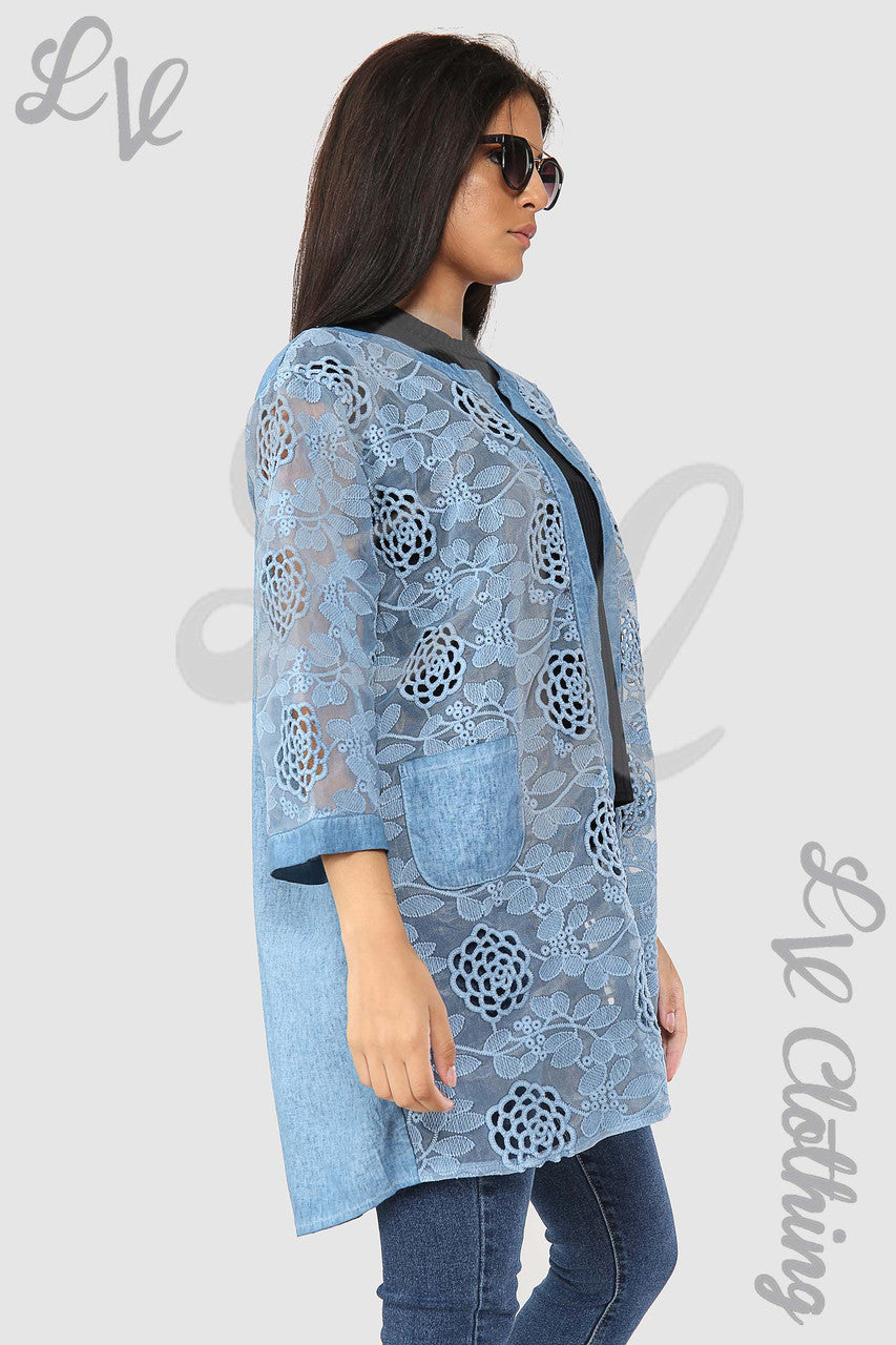 Ladies Lace Floral Cut Out Design Cardigan Denim - Unit Price £15.99