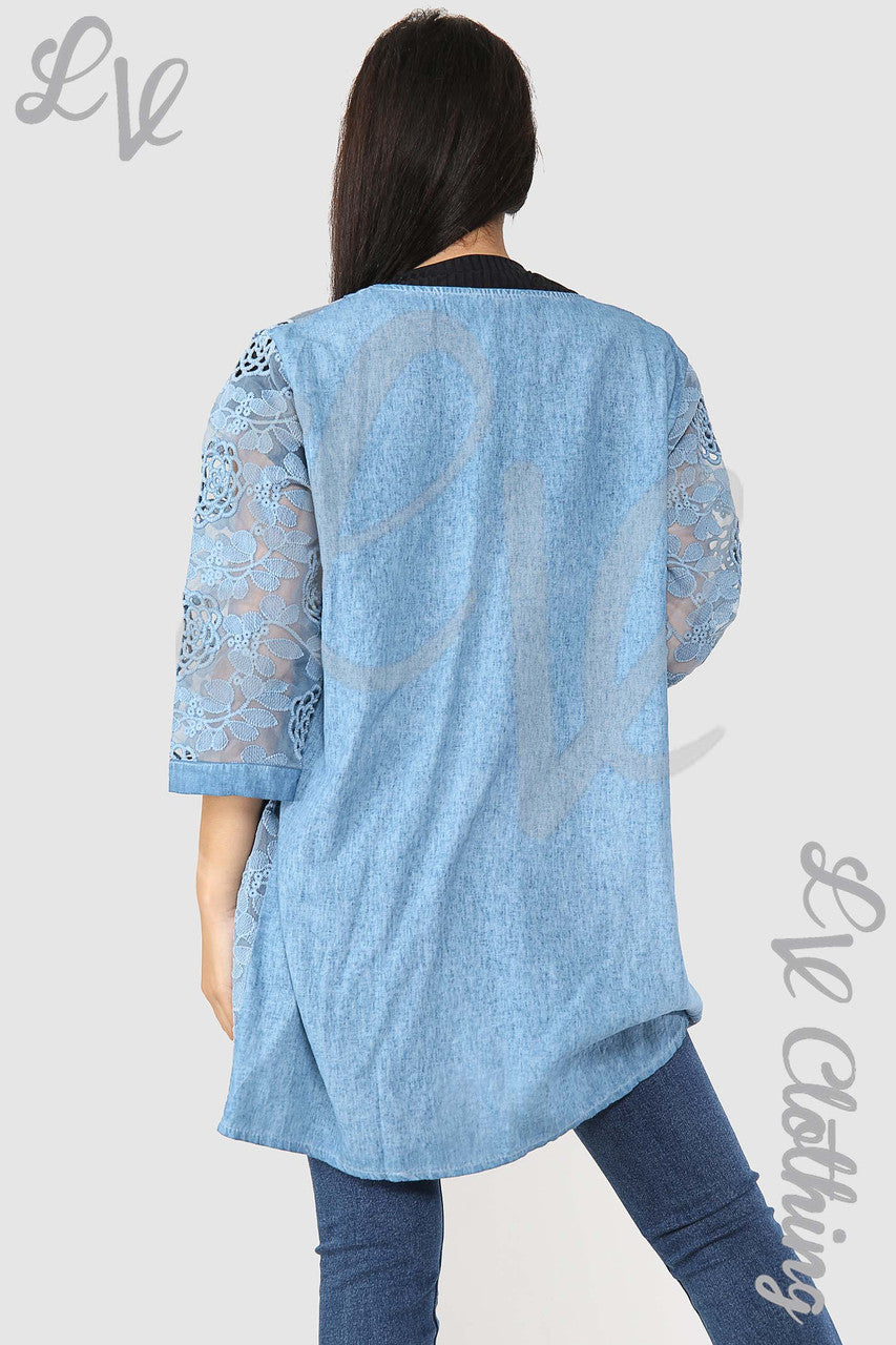 Ladies Lace Floral Cut Out Design Cardigan Denim - Unit Price £15.99