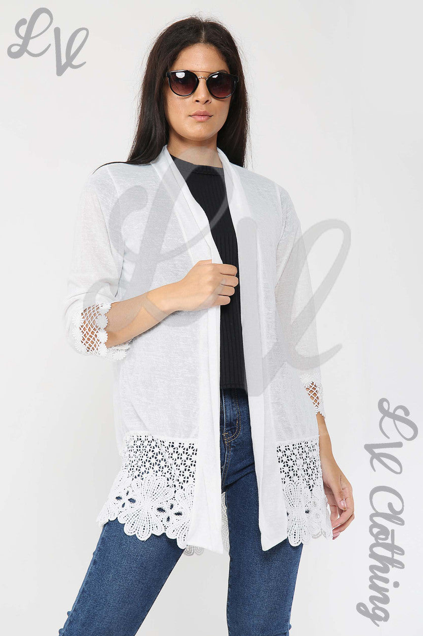 Ladies Lace Floral Border Design Cardigan White - Unit Price £12.99