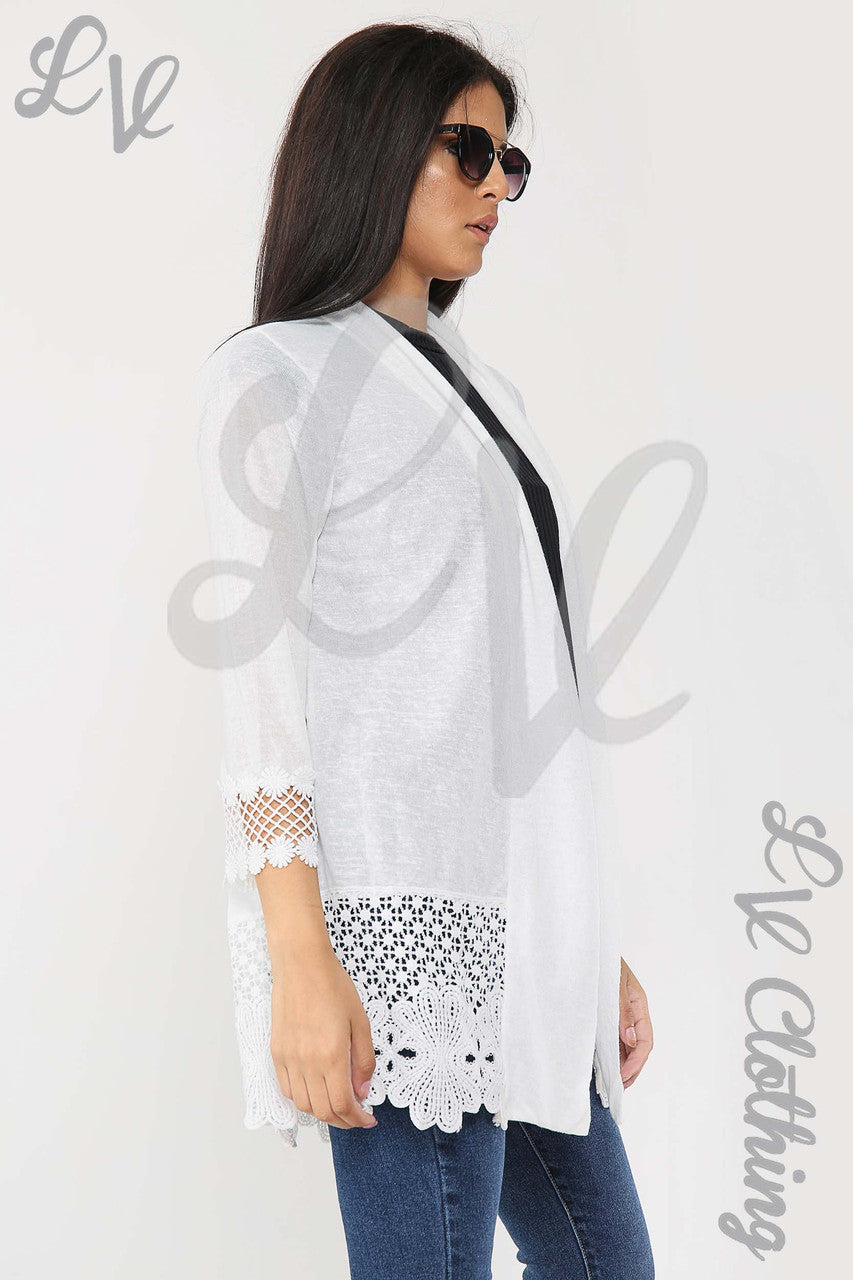 Ladies Lace Floral Border Design Cardigan White - Unit Price £12.99