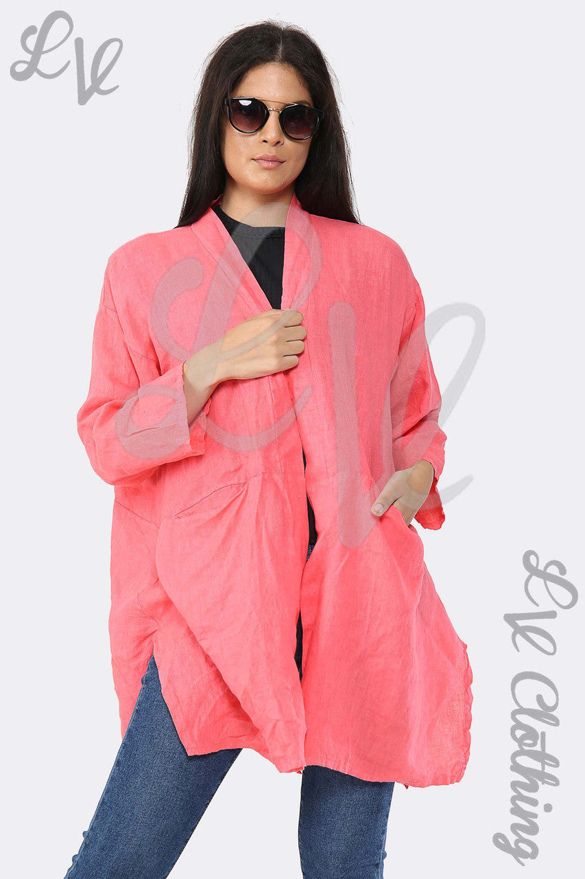 Ladies Linen Plain Floaty Cardigan Coral - Unit Price £14.99