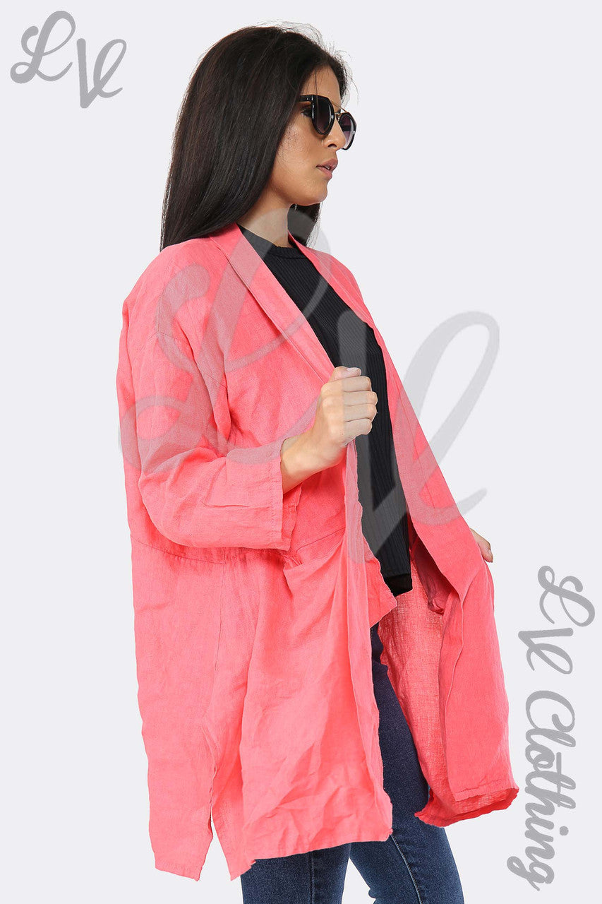 Ladies Linen Plain Floaty Cardigan Coral - Unit Price £14.99
