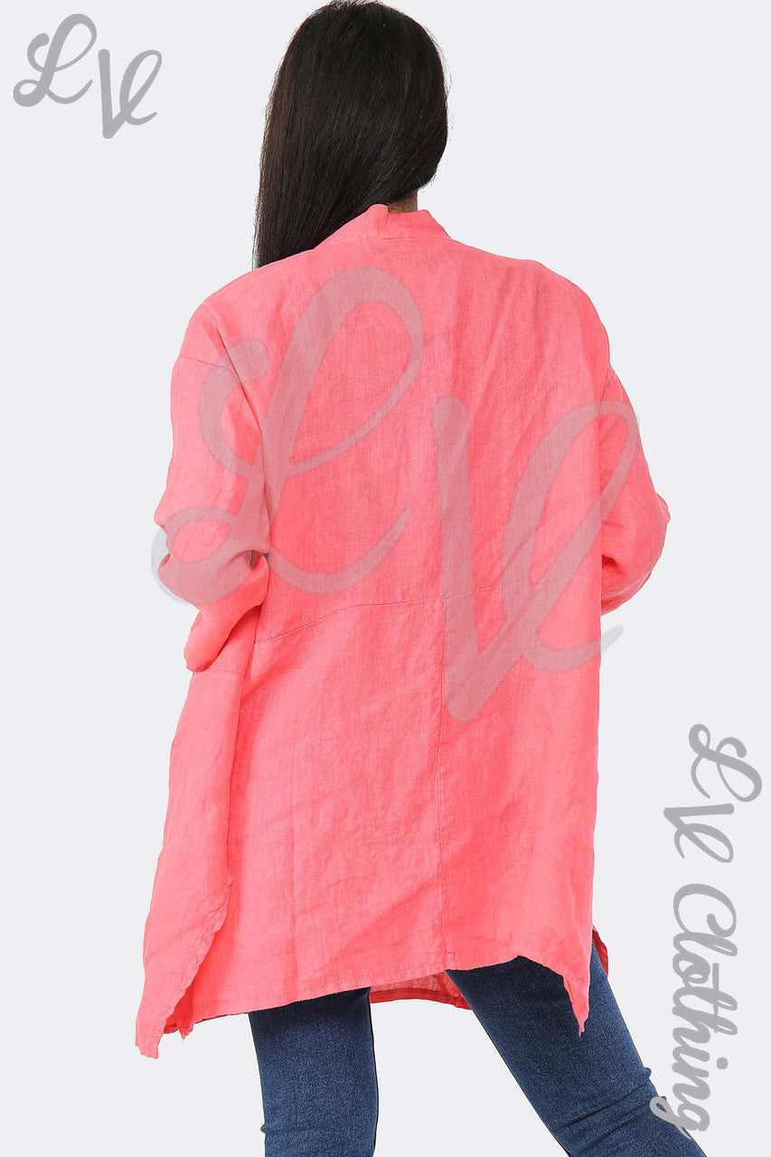 Ladies Linen Plain Floaty Cardigan Coral - Unit Price £14.99