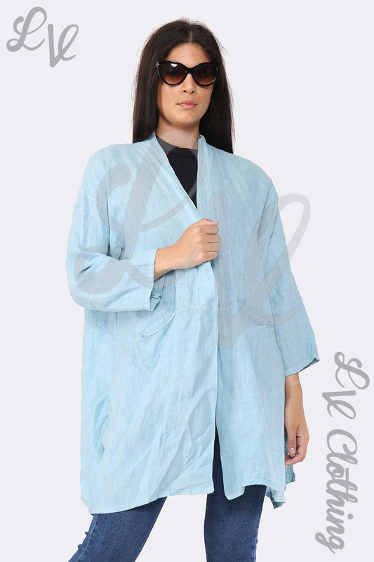 Women’s light blue linen cardigan, open front, long sleeves, plain tunic length