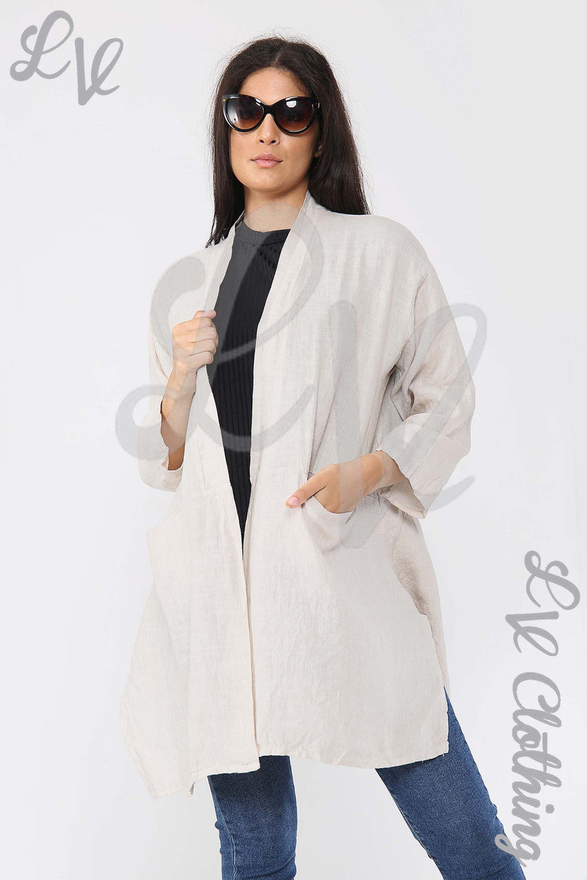 Ladies Linen Plain Floaty Cardigan Stone - Unit Price £14.99