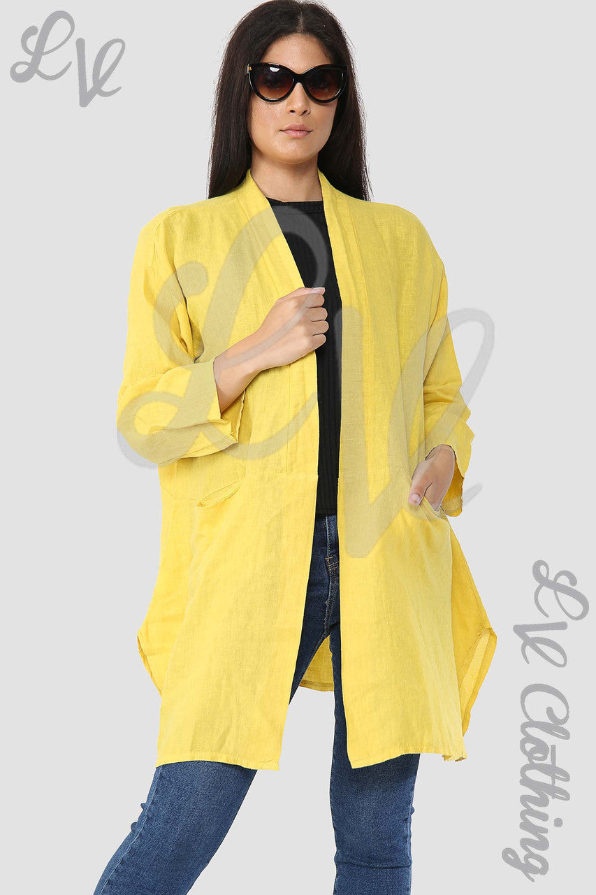 Ladies Linen Plain Floaty Cardigan Mustard - Unit Price £14.99