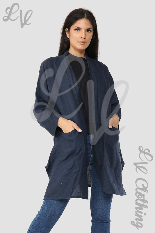 Navy linen floaty cardigan with loose fit, long sleeves, and front pockets